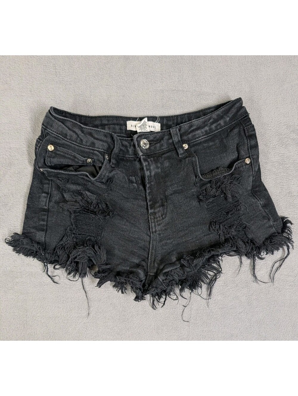 Almost Famous Womens 7 Black Denim Shorts Distressed Ripped Frayed Cutoff Grunge